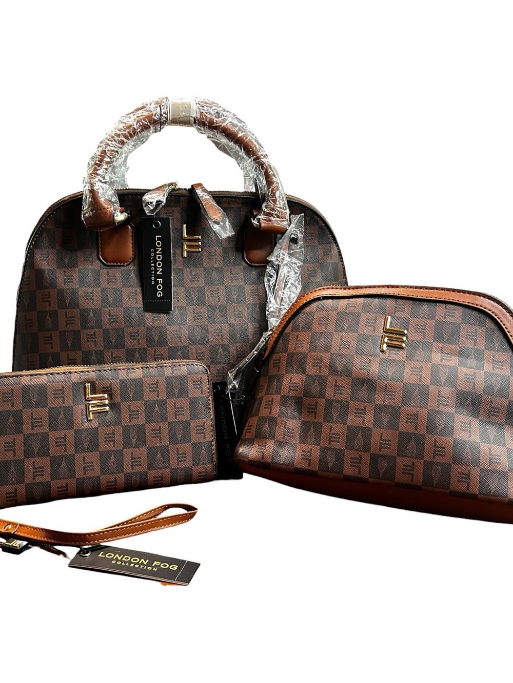 💟London Fog 3 Pc Handbag Set Brown Check Satchel Wallet Cosmetic Bag NWT